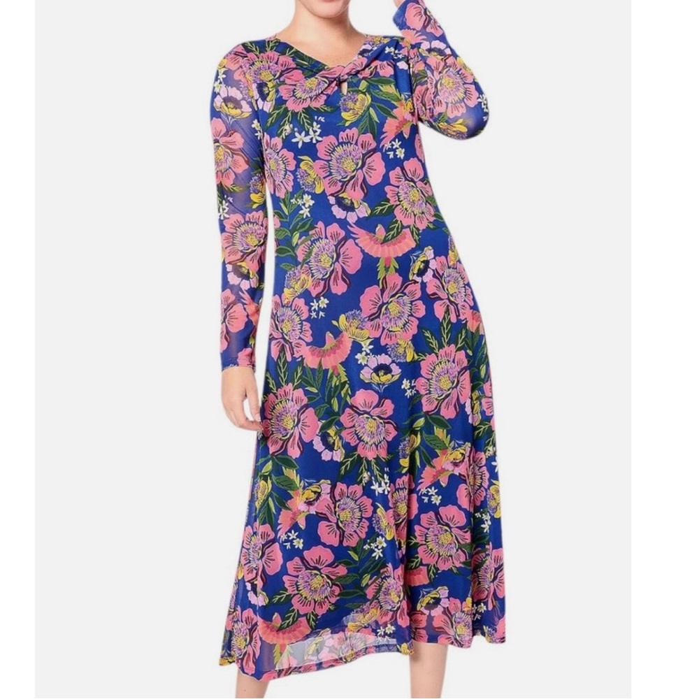 Destination 365 Blue Tropical Floral Bird Print Mesh Midi Dress Women’s 1XP